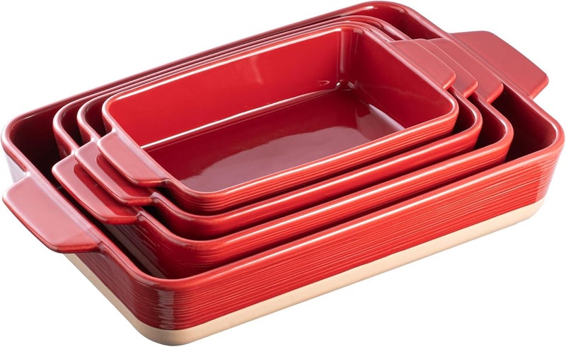 Dafuceramic Casserole Dishes for Oven, Baking Dishes, Ceramic Bakeware Sets of 4, Rectangular Baking Pan Set with Handles for Baking, Casserole, Kitchen, Wedding Gift (Red Yellow) - Image 1